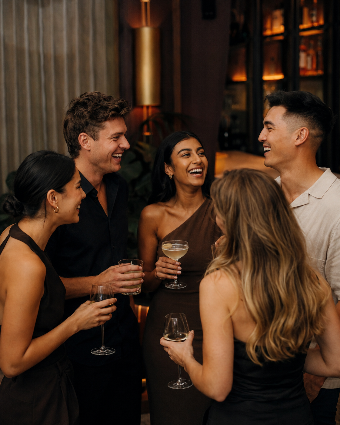A mixed group sharing an easy conversation over drinks
