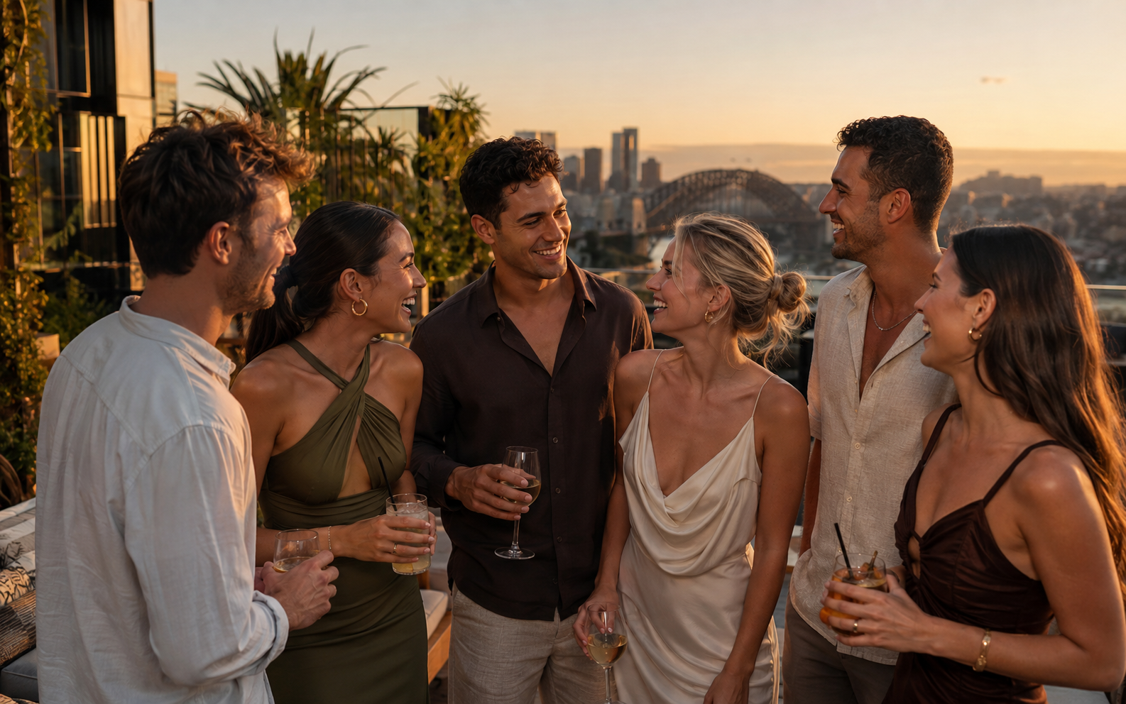 A stylish group of adults laughing together over drinks at sunset